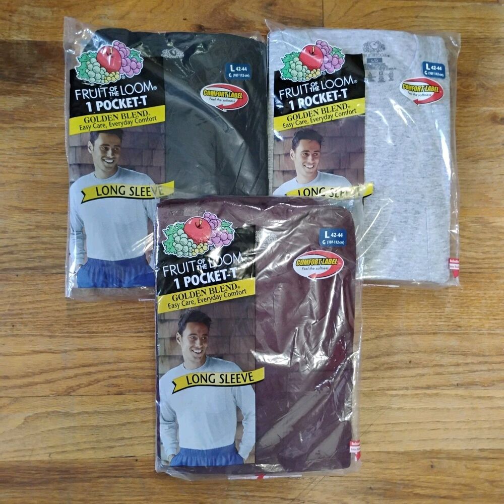Lot of 3 Vintage Fruit of the Loom 2003 Long Sleeve Pocket T-Shirts Large NOS